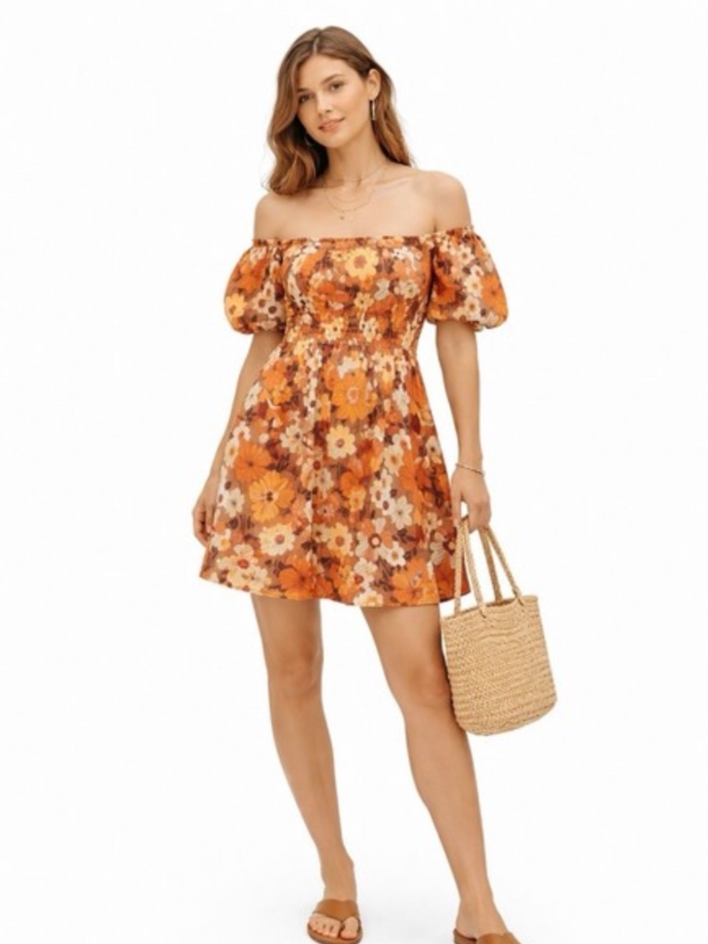 Altar'd State Brown and Orange Floral Puff Sleeve Dress Boho Cottagecore